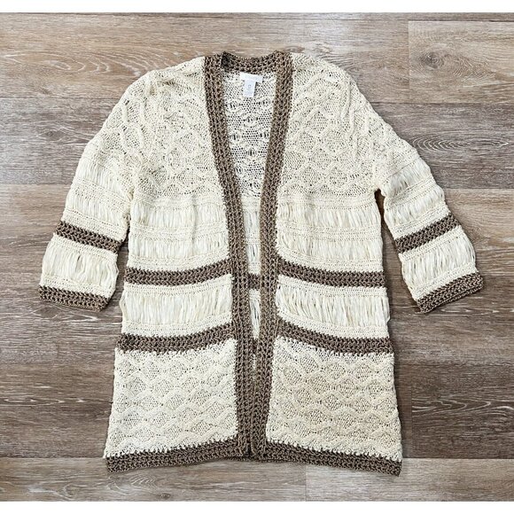 Chico's 0 Sz S Ivory Metallic Bronze Open Woven Stretch Crochet Cardigan Sweater - Picture 2 of 8